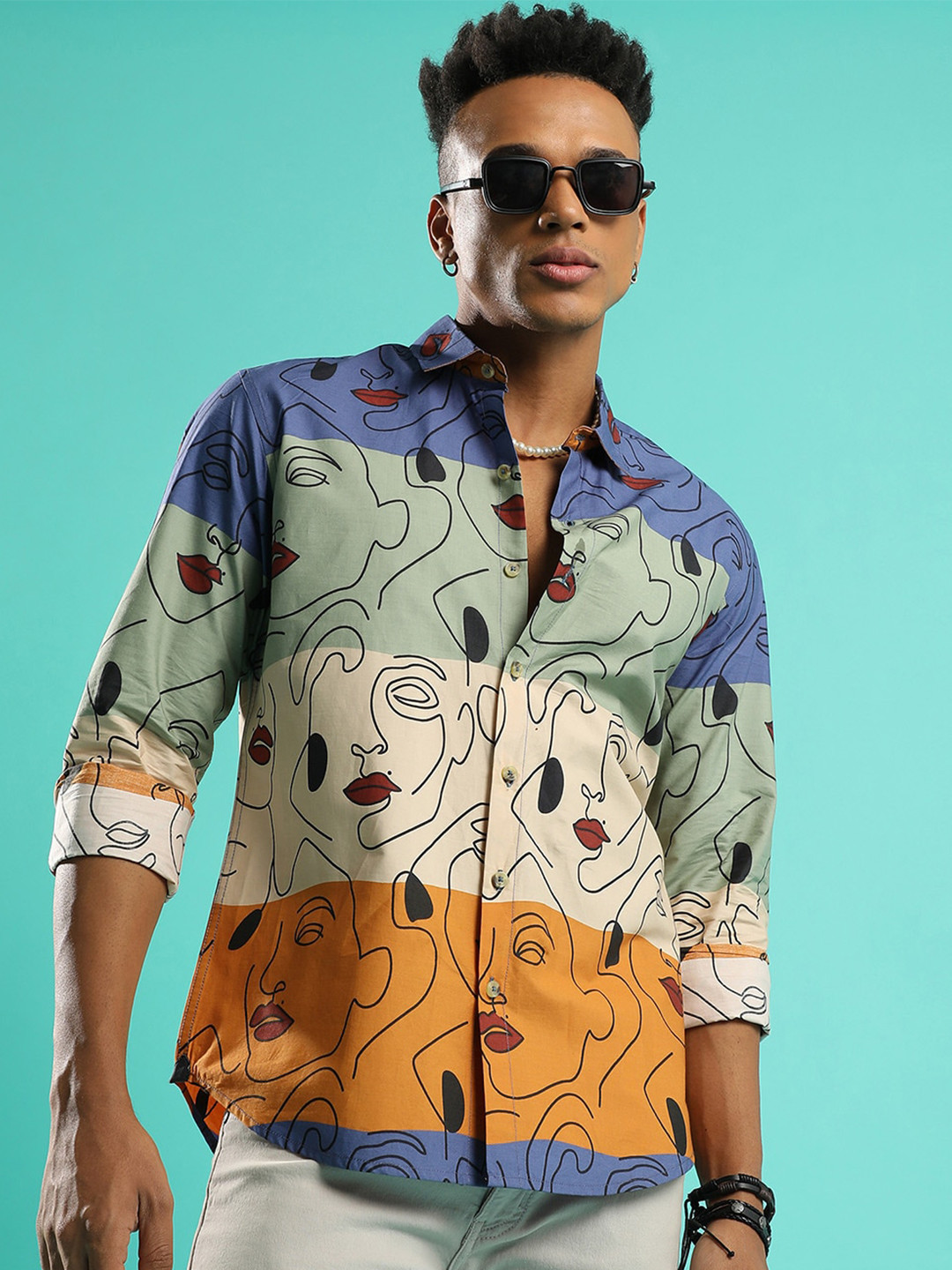 Campus Sutra Classic Blue Graphic Printed Spread Collar Casual Shirt