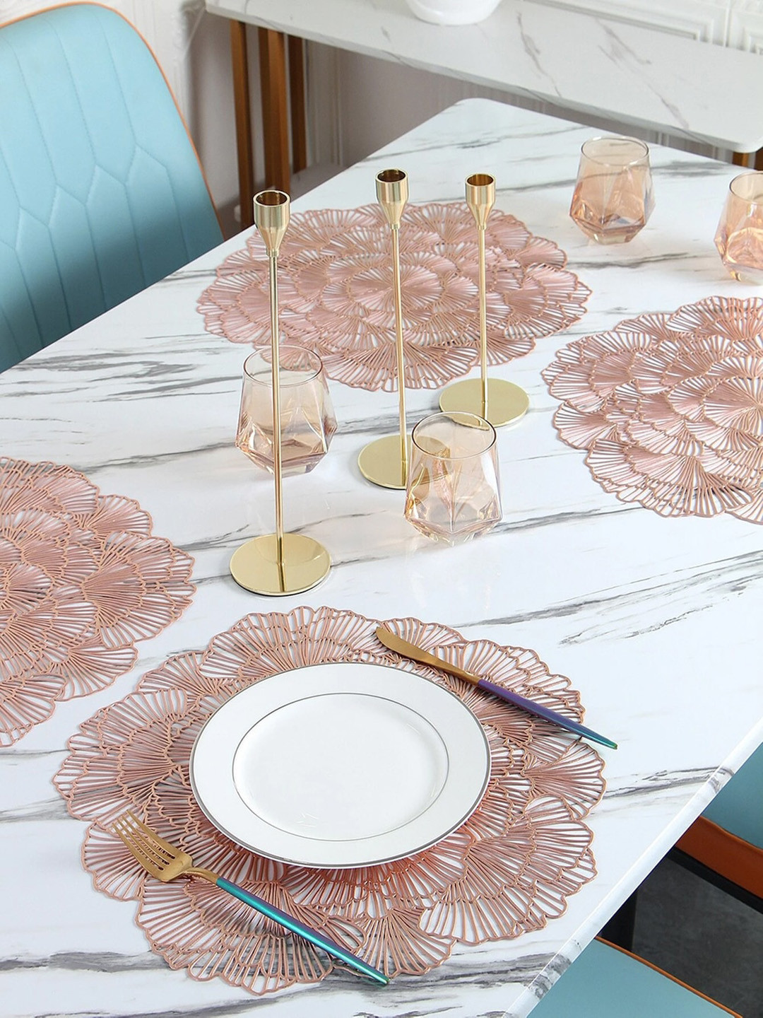 Dakshya Industries Copper Toned 4 Pieces Floral Table Placemats