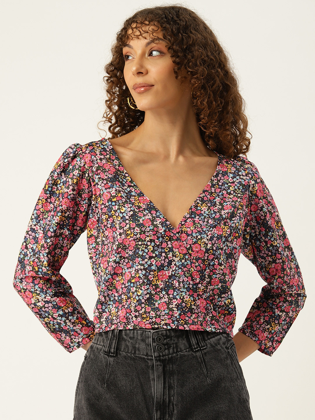 Sleek Italia Floral Print Puff Sleeve Crepe Wrap Crop Top