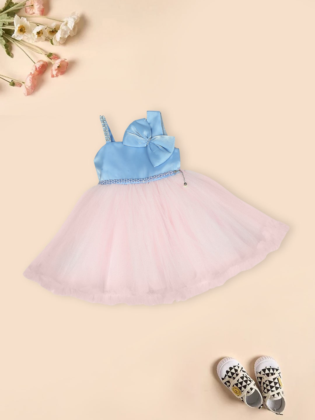 MeeMee Girls Bow Detailed Beaded Net Fit & Flare Dress