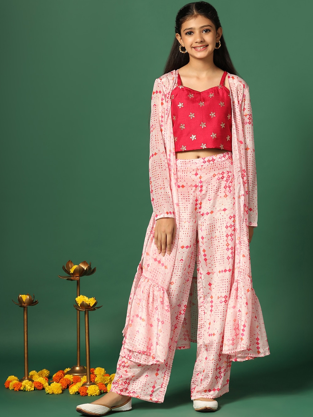 Women Peach Crop Top With A-Line Pants & Shrug