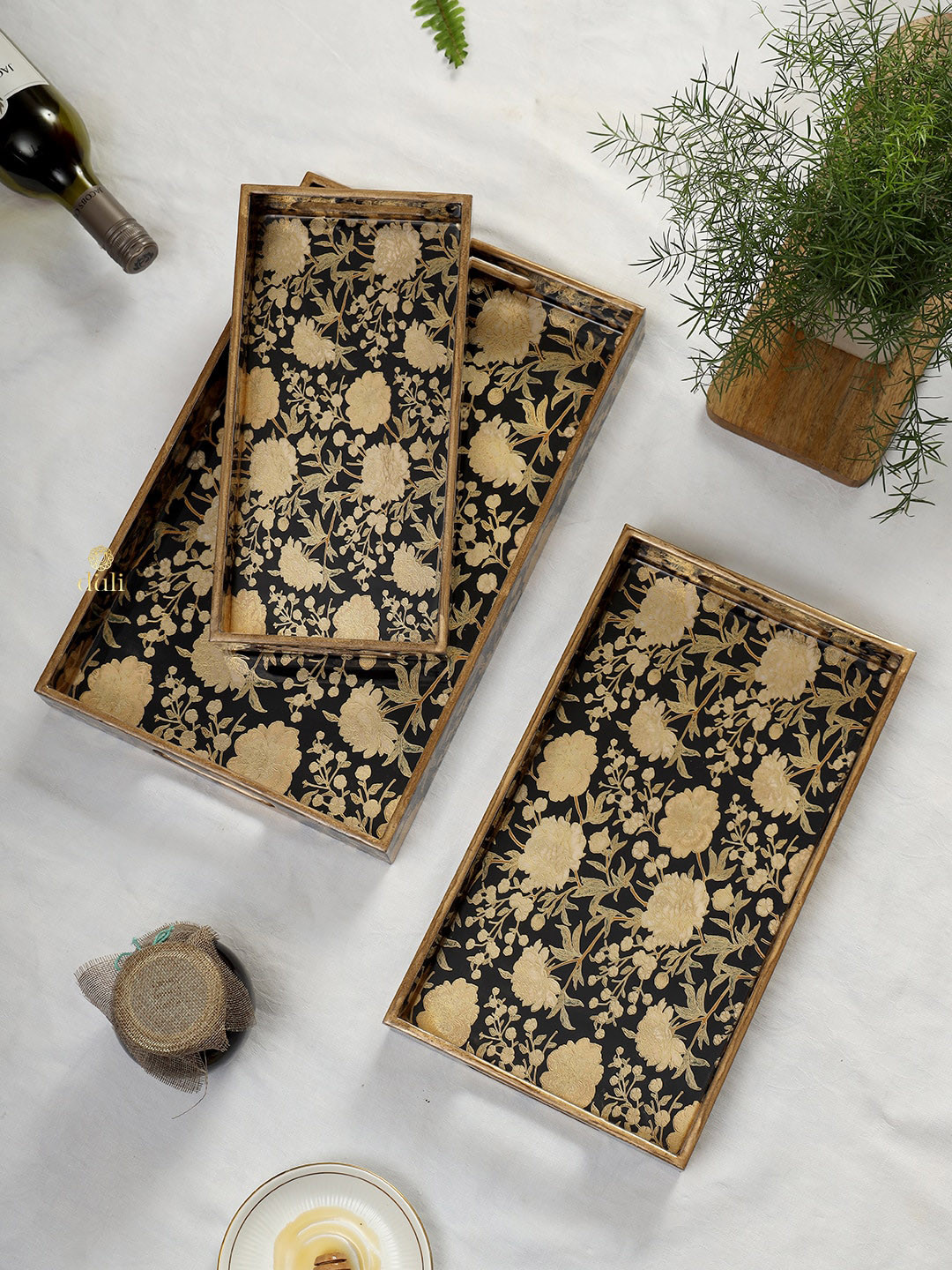 DULI Black & Beige 3 Pieces Enamel Coated Printed Waterproof Serving Trays