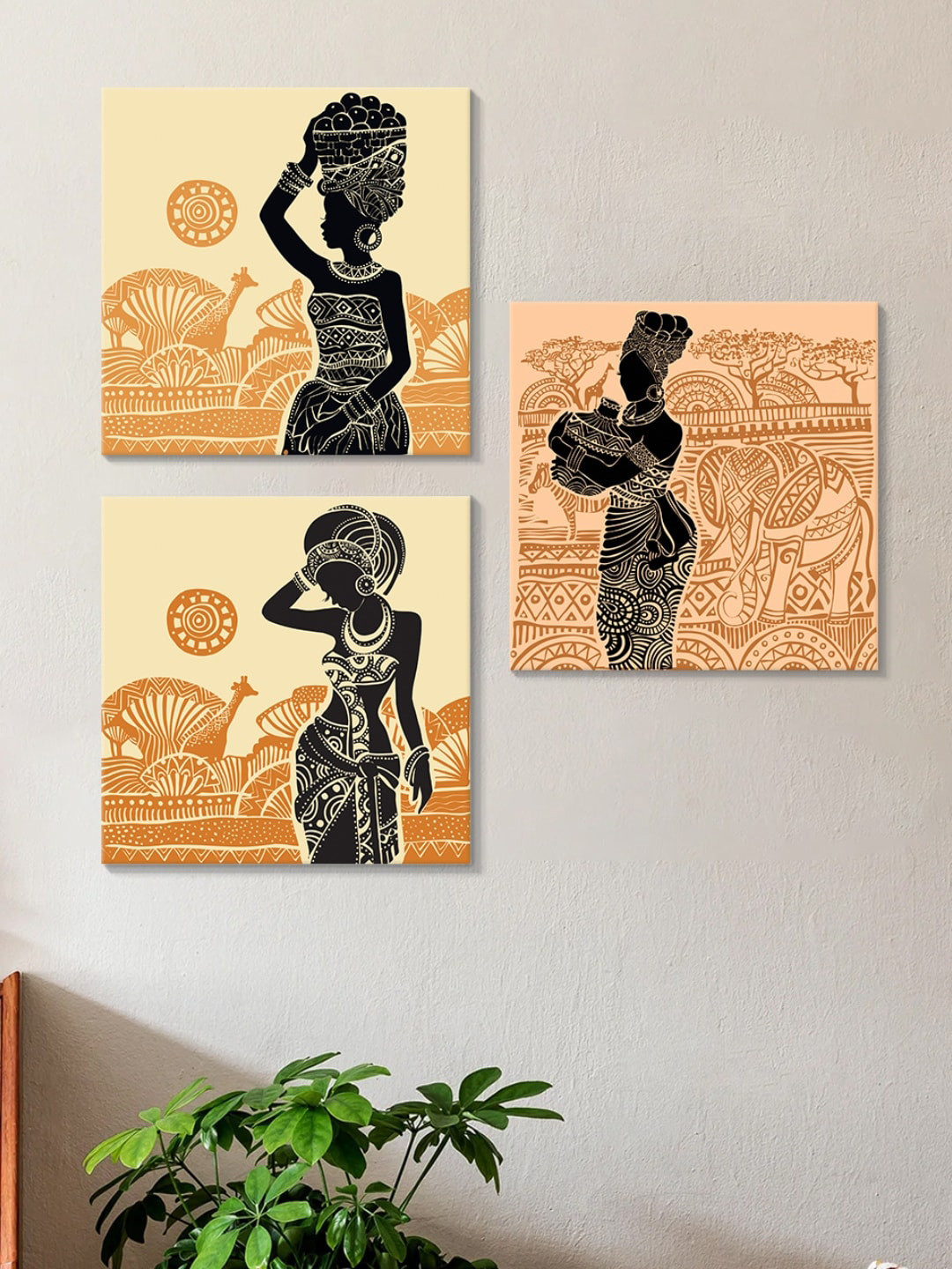 Art Street Orange & Black 3 Pieces African Lady Cotton Canvas Wall Art