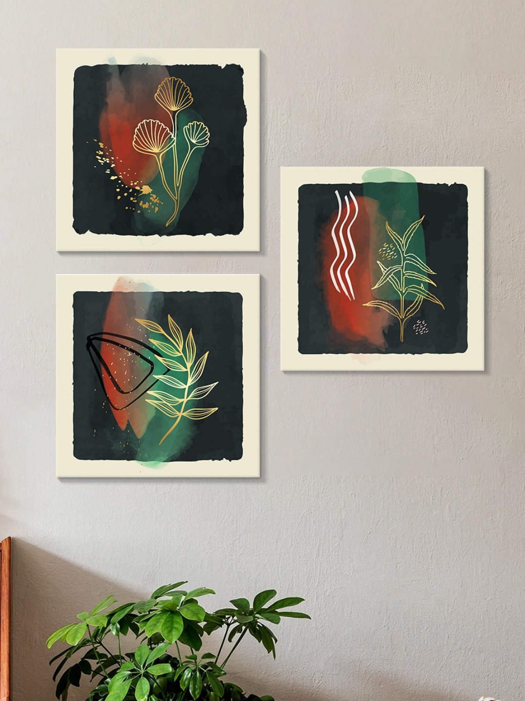 Art Street Green & Maroon 3 Pieces Gingko Leaf Stretched Cotton Canvas Wall Art