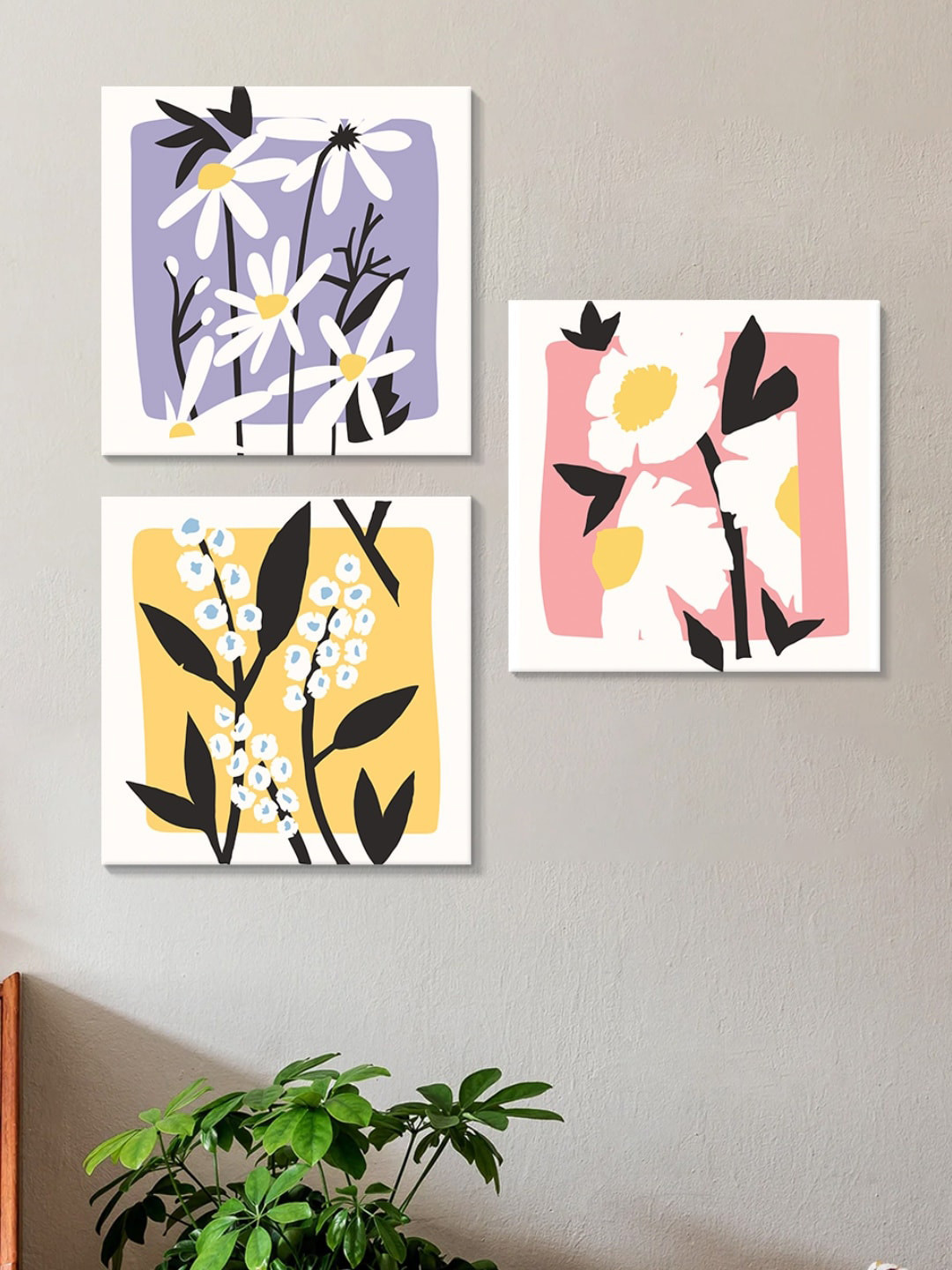 Art Street Purple & Yellow 3 Pieces Abstract Floral Cotton Canvas Wall Art