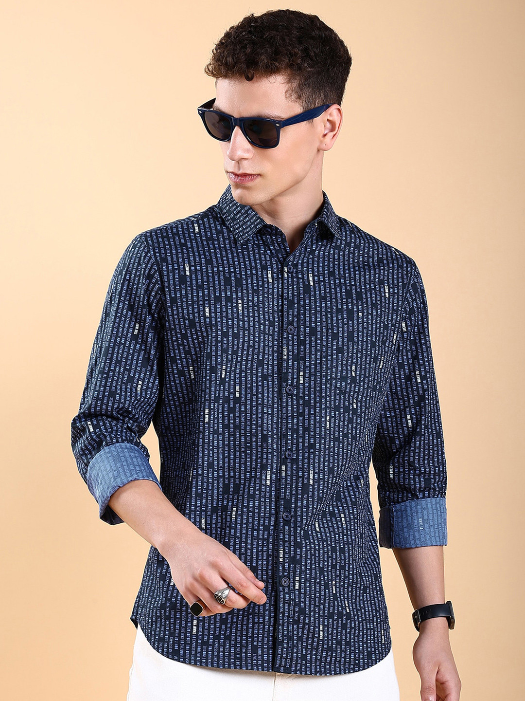 HIGHLANDER Navy Blue Slim Fit Typography Printed Spread Collar Chest Pocket Cotton Shirt