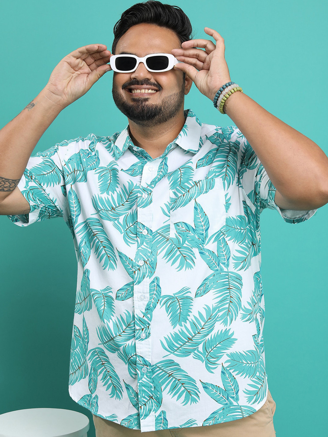 HIGHLANDER Plus Size Green Floral Printed Spread Collar Chest Pocket Cotton Casual Shirt