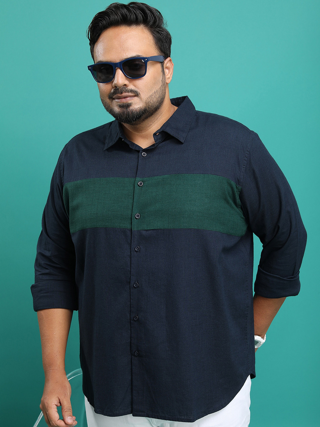 HIGHLANDER  Navy Blue Plus Size Colourblocked Cotton Casual Shirt