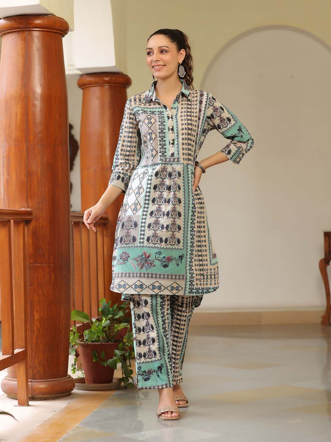 Rain & Rainbow Ethnic Motifs Printed Pure Cotton Tunic With Tourers Co-Ords