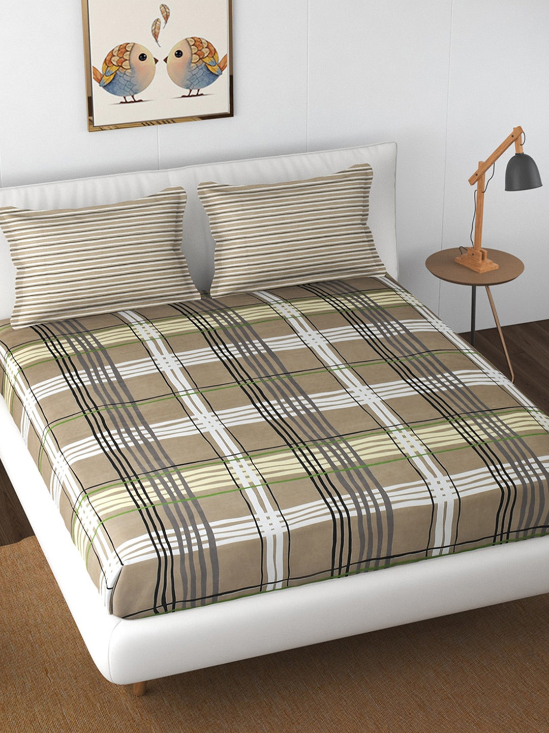 Florida Brown Checked Microfiber 130 TC Queen Bedsheet with 2 Pillow Covers-96 x 90 inches