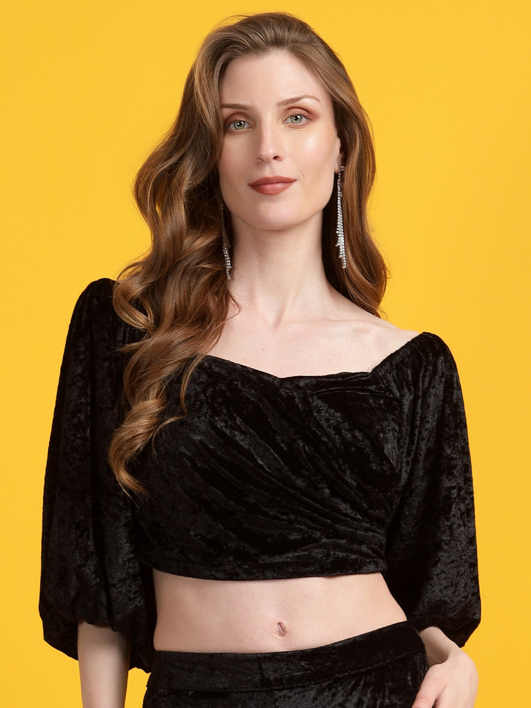 Golden Kite Scoop Neck Puff Sleeves Gathered Detail Crop Top