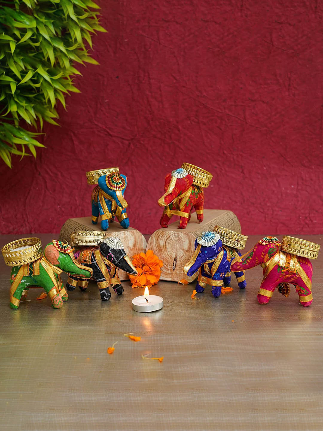 PASSION PETALS Green & Gold toned 6 Pieces Elephant Tea Light Holders