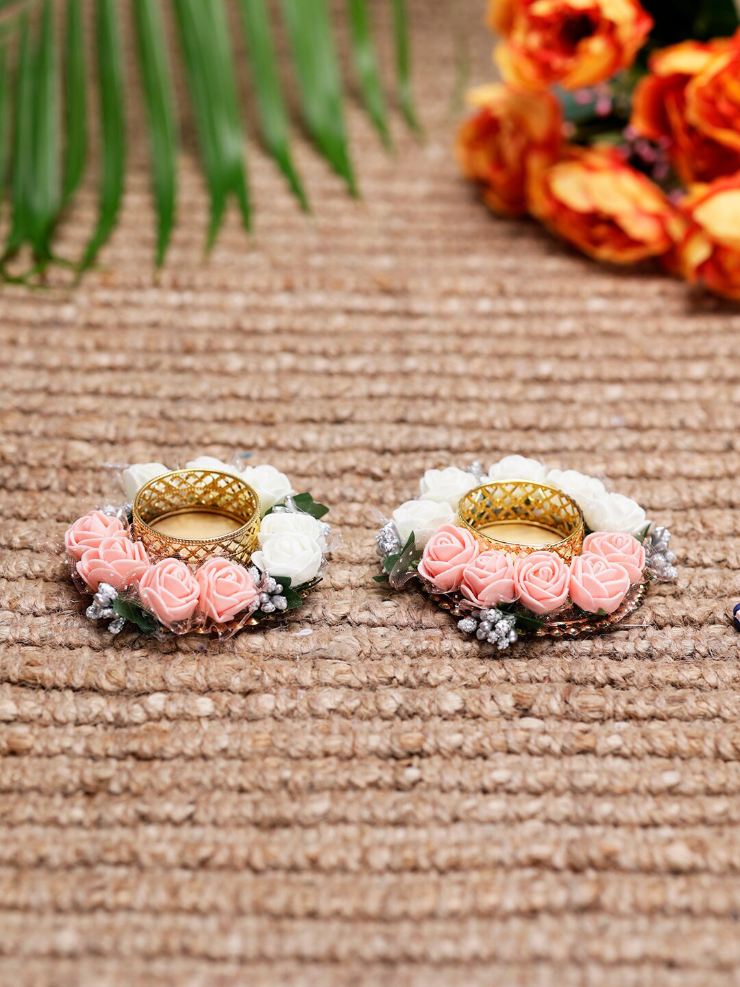 PASSION PETALS Pink & White 2 Pieces Floral-Pattern Tea Light Holderss