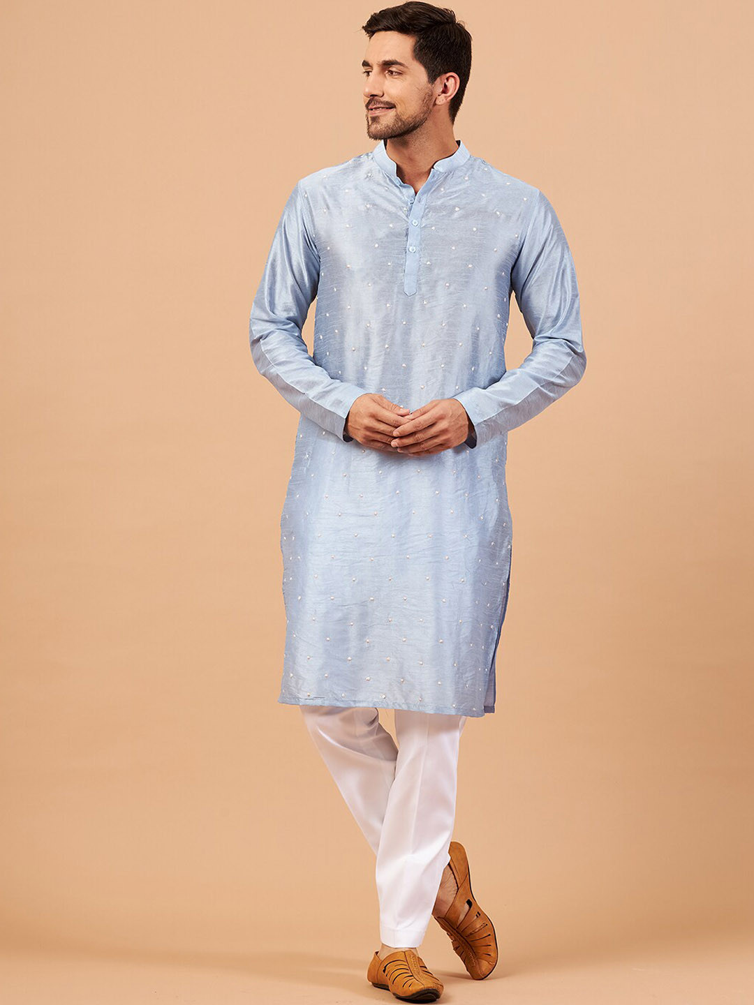 HILO DESIGN Mandarin Collar Long Sleeve Straight Thread Work Silk Kurta