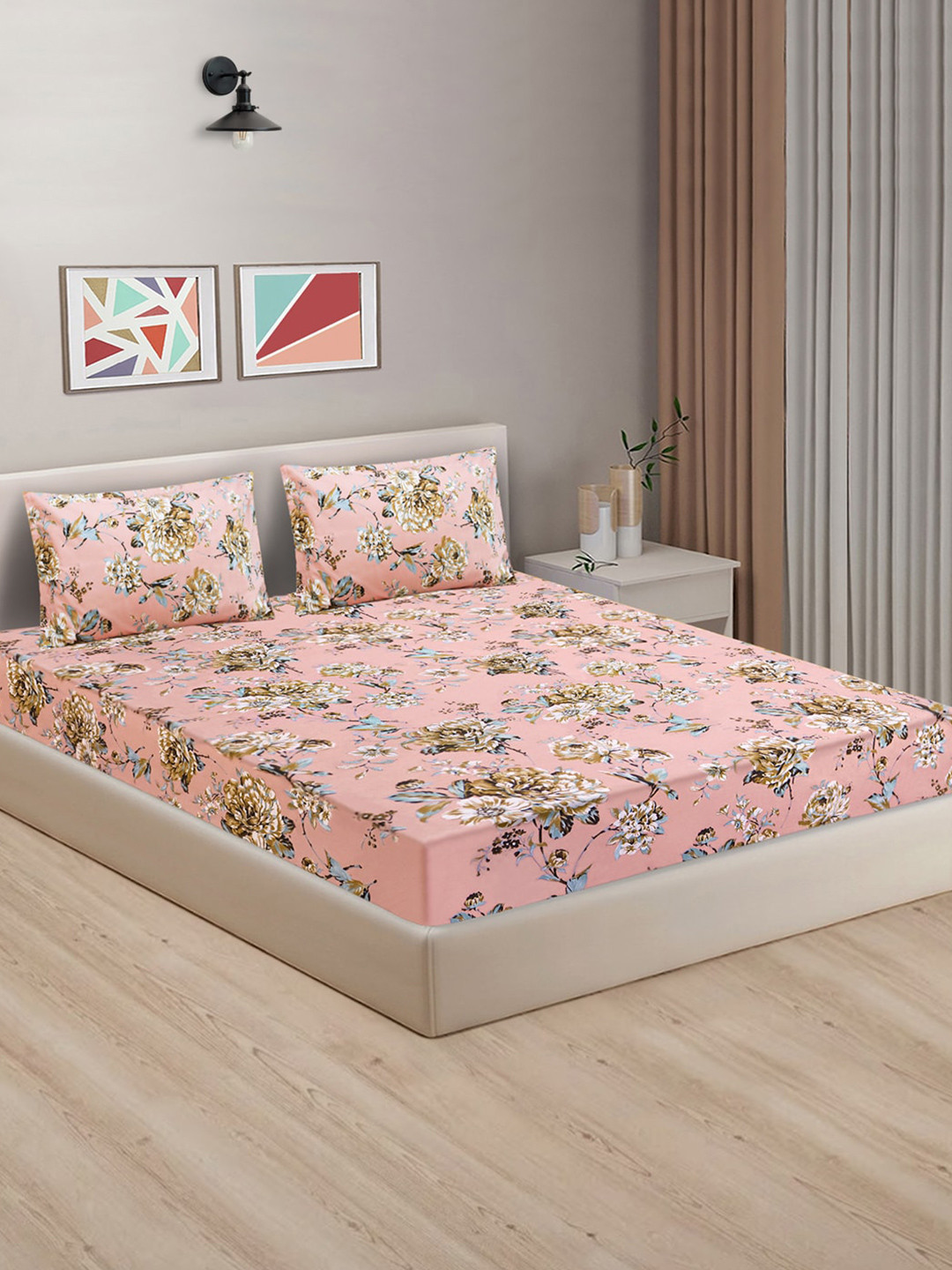 Good Homes by Home Candy Peach Floral Cotton 144 TC King Bedsheet & 2 Pillow Covers