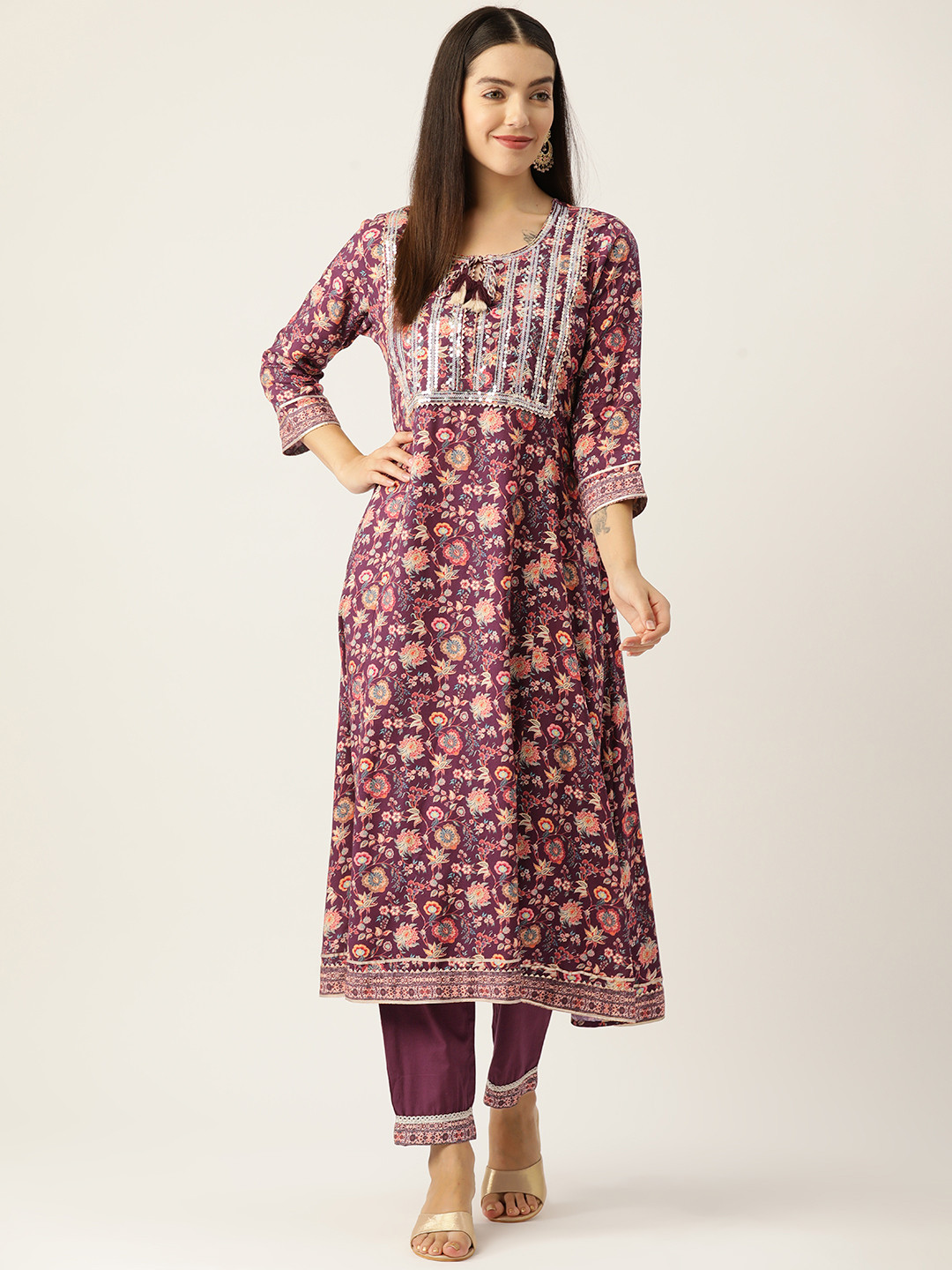 Rue Collection Women Floral Printed Regular Sequinned Kurta with Trousers & With Dupatta