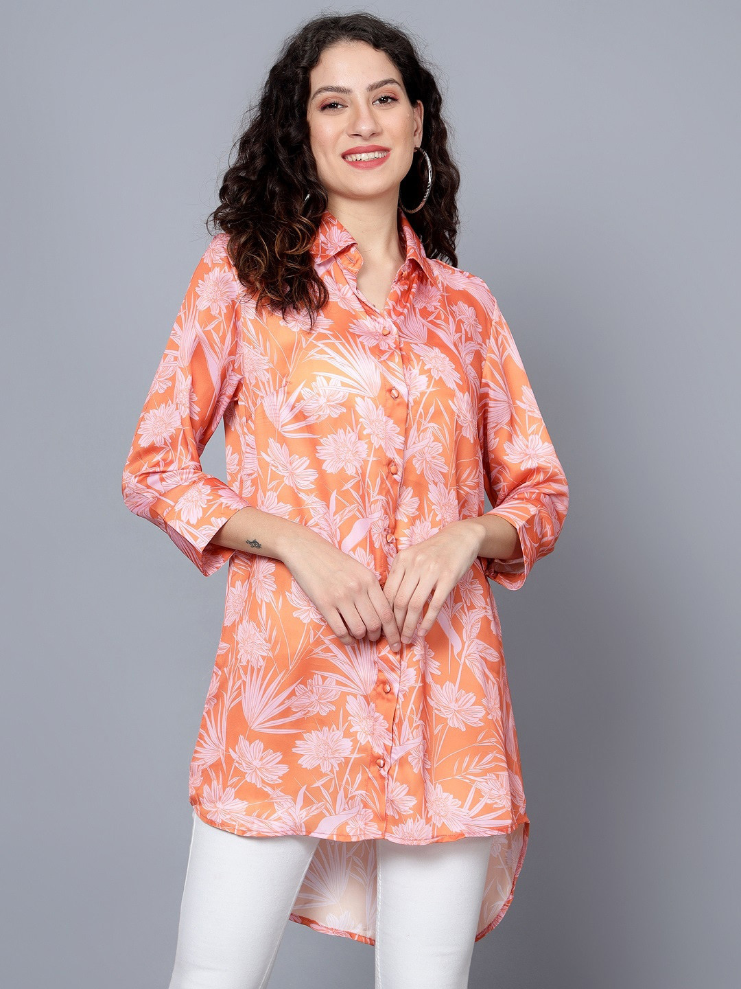 ANVI Be Yourself Orange New Tailored Fit Floral Printed Satin Casual Shirt