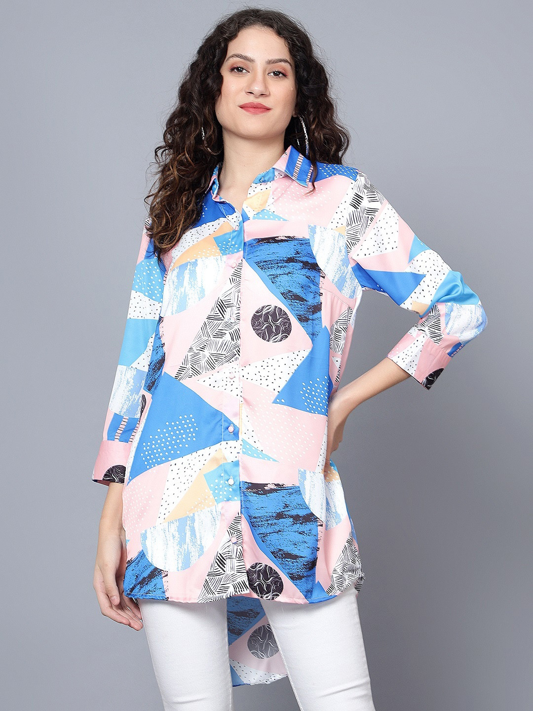 ANVI Be Yourself Blue New Tailored Fit Printed Satin Casual Shirt