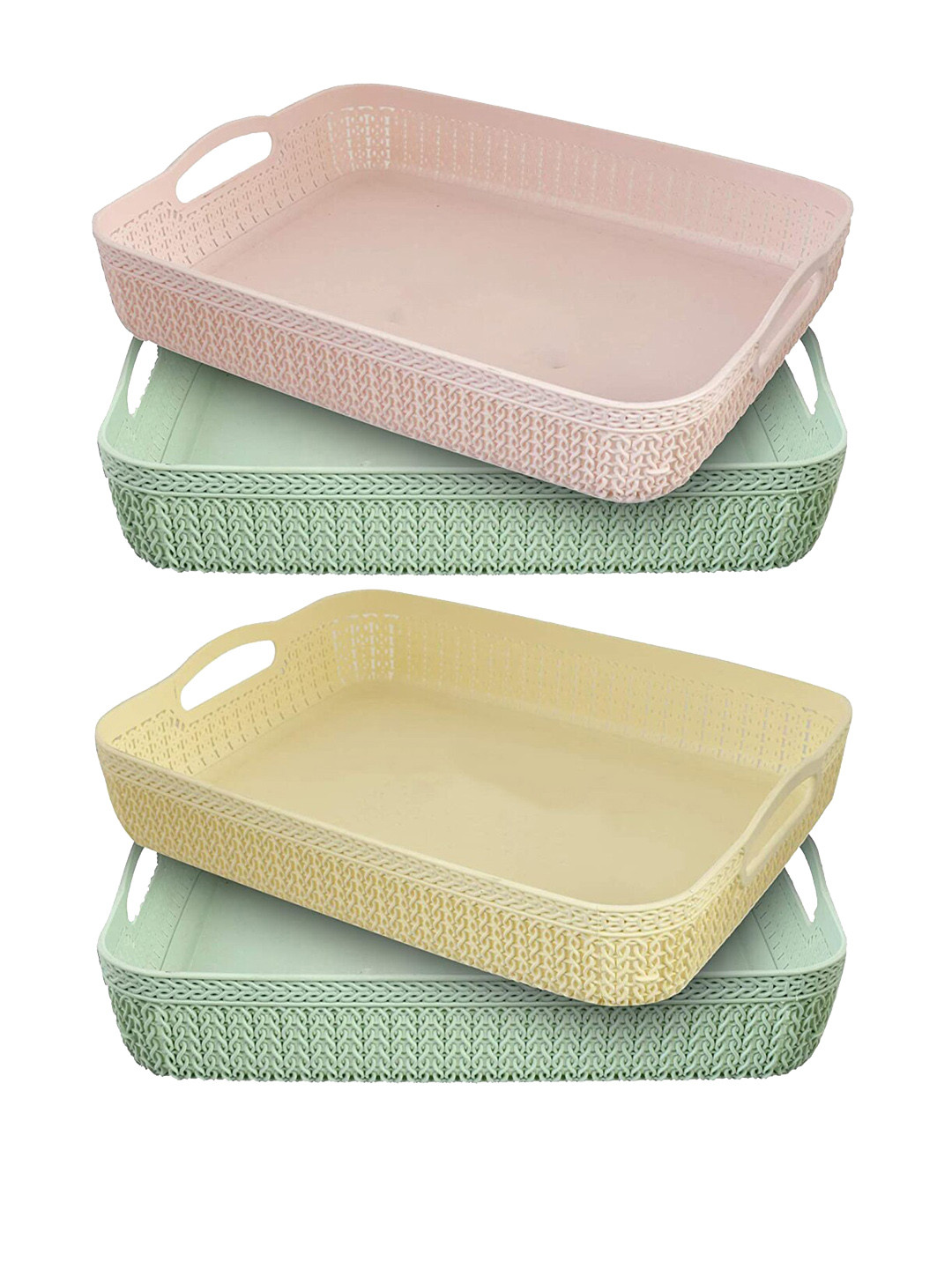 Kuber Industries Pink Green & Yellow 4 Pieces Large Size Net Storage Baskets