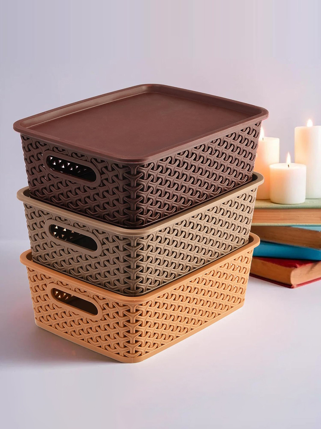 Kuber Industries Grey & Brown 3 Pieces Solitaire Storage Baskets With Lids