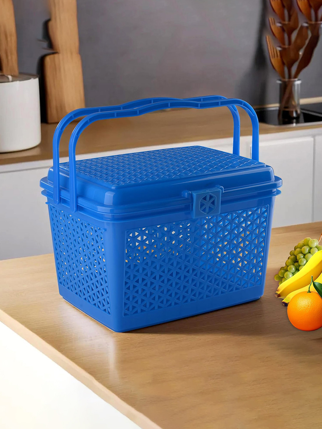 Kuber Industries Blue Textured Storage Basket With Handle