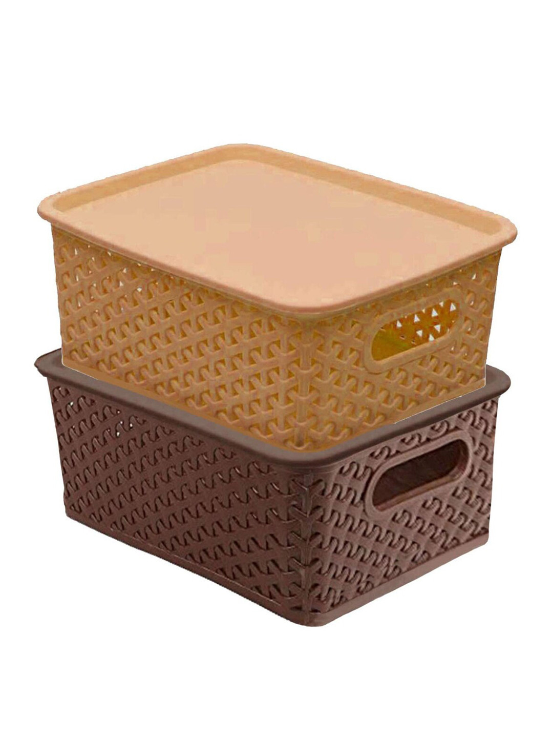 Kuber Industries Beige & Brown 2 Pieces Solitaire Storage Baskets With Lids