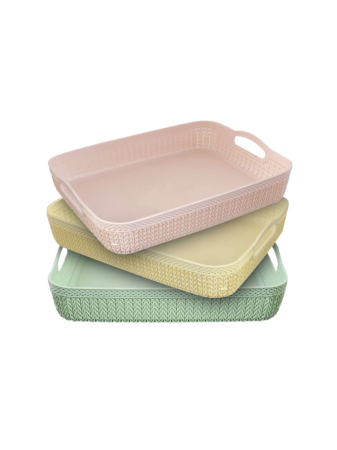 Kuber Industries Green & Yellow 3 Pieces Textured Unbreakable Storage Baskets