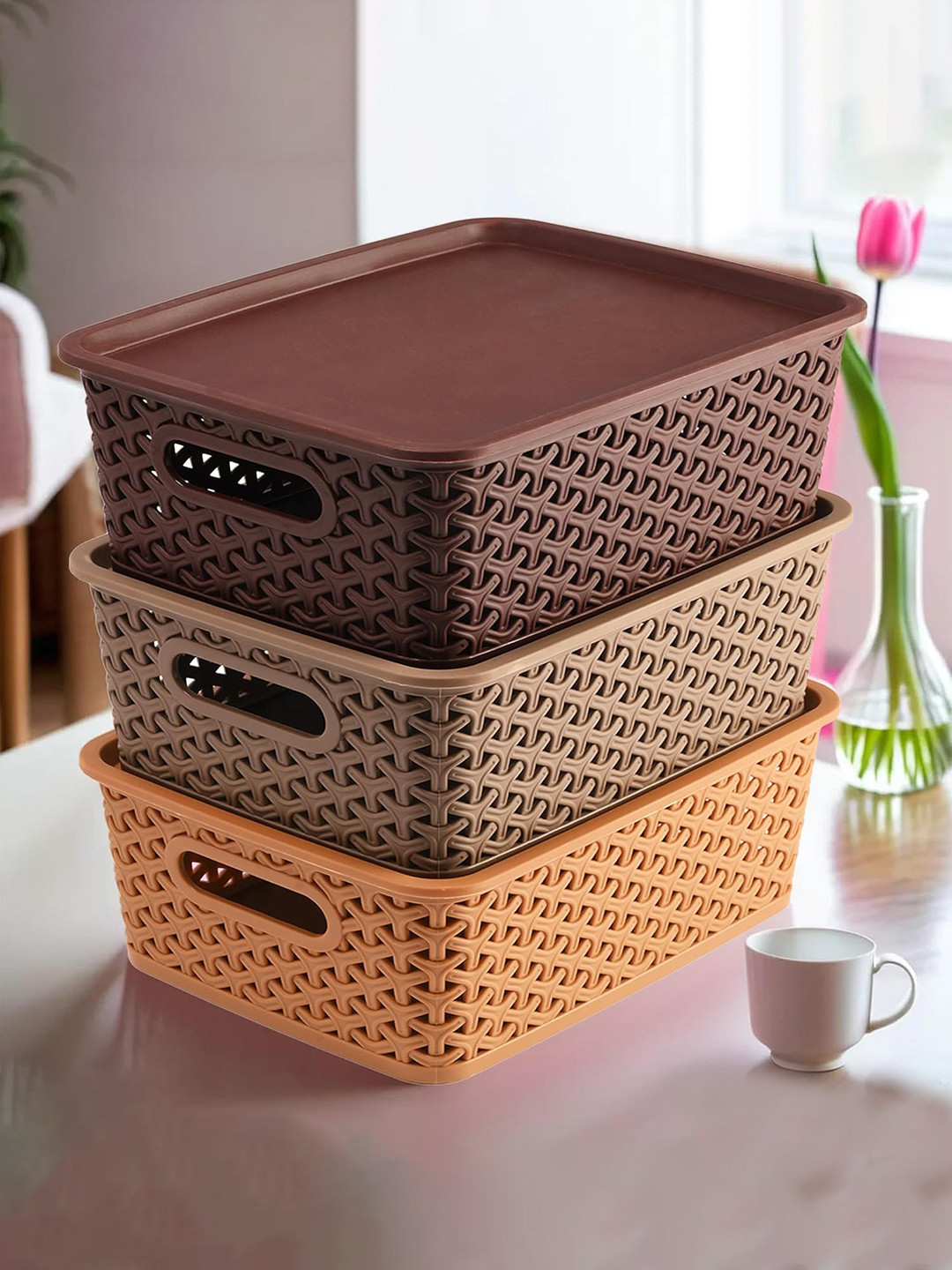 Kuber Industries Brown & Marron 3 Pieces Solitaire Storage Basket With Lid