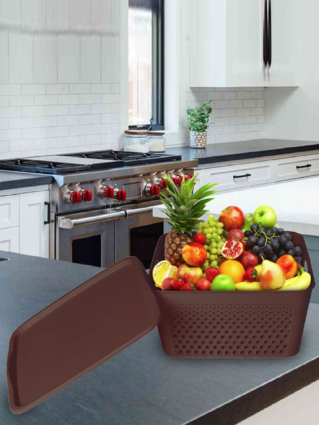 Kuber Industries Beige & Brown 3 Pieces Multipurpose Square Shape Plastic Storage Basket