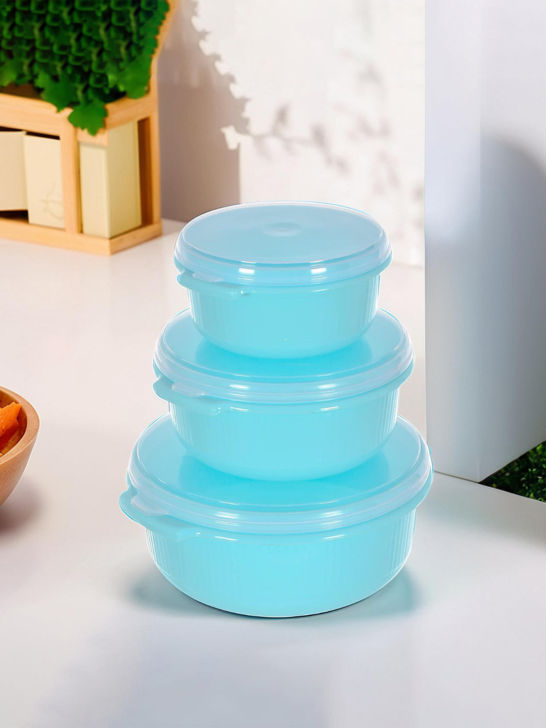 Kuber industries Blue Plastic Dishwasher Safe 3 Piece Screw Top Fridge Container