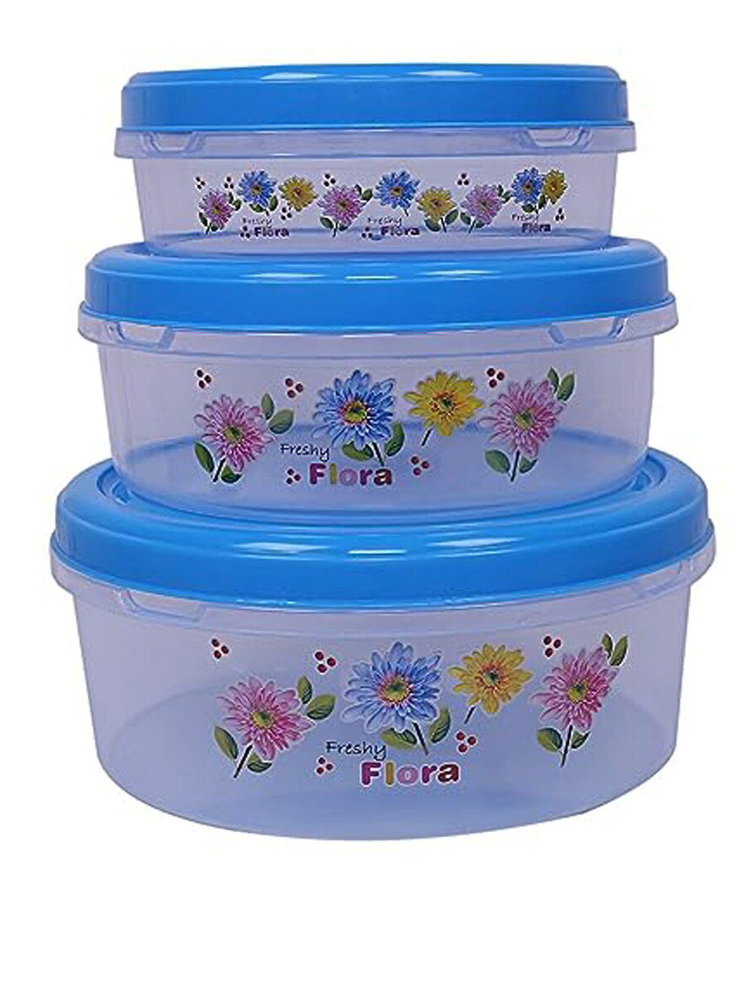 Kuber industries Blue Floral Plastic Air Tight 3 Piece Flip Top Graduated Container