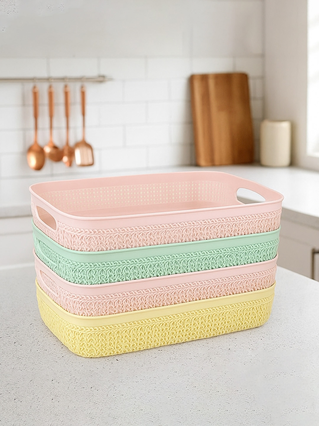 Kuber Industries Beige & Green 4 Pcs Plastic Unbreakable Flexible Basket Kitchen Storage
