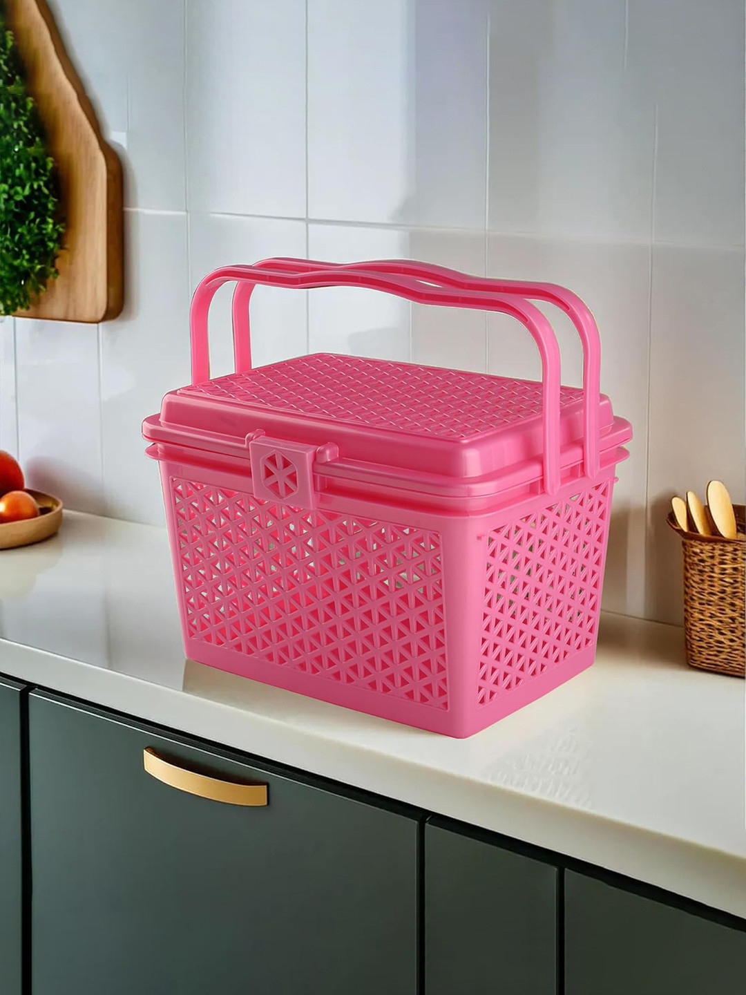 Kuber Industries Pink Trendy Shopping Big Basket with Lid
