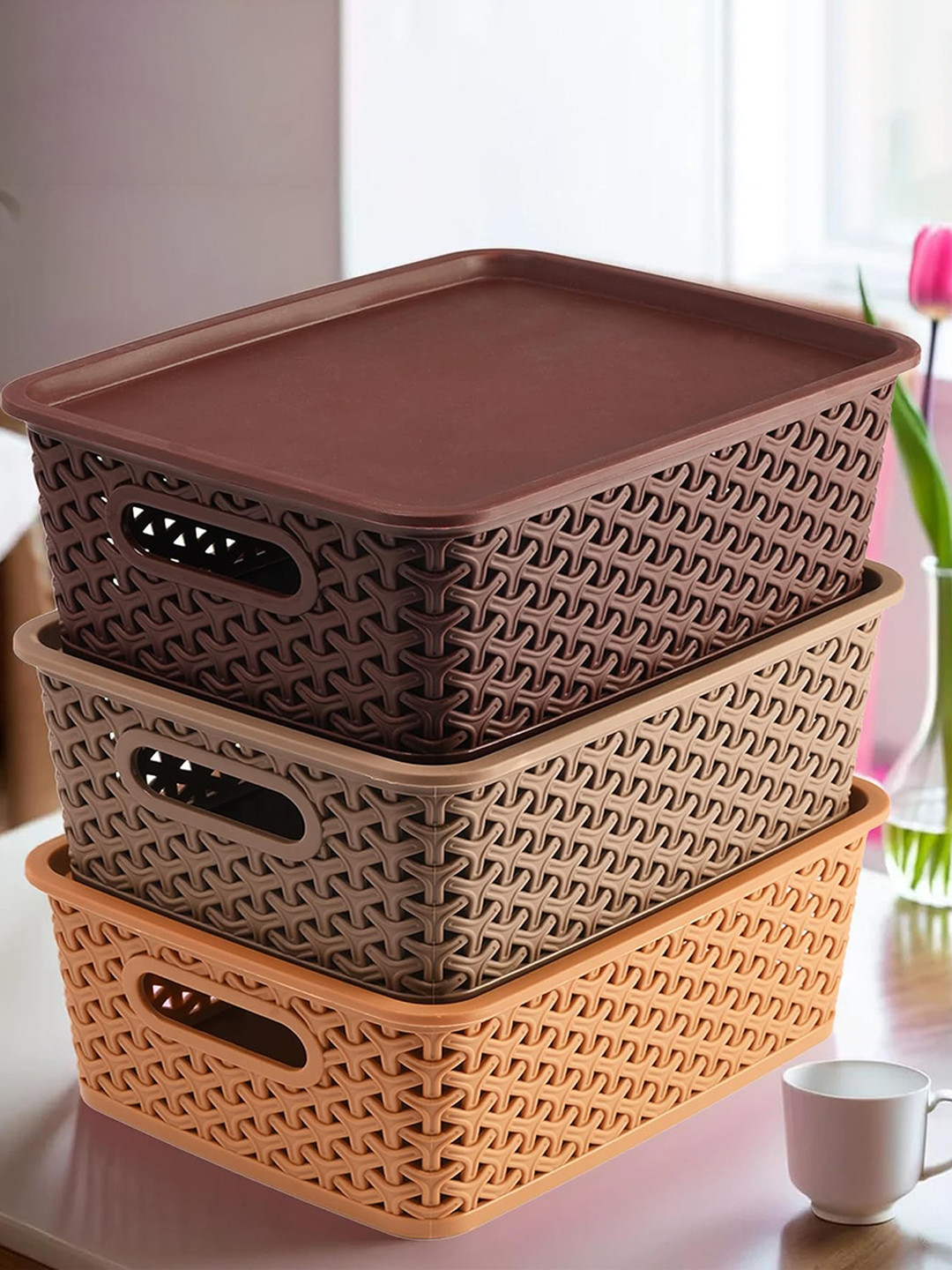 Kuber Industries Orange & Brown 3 Pieces Storage Basket WLid