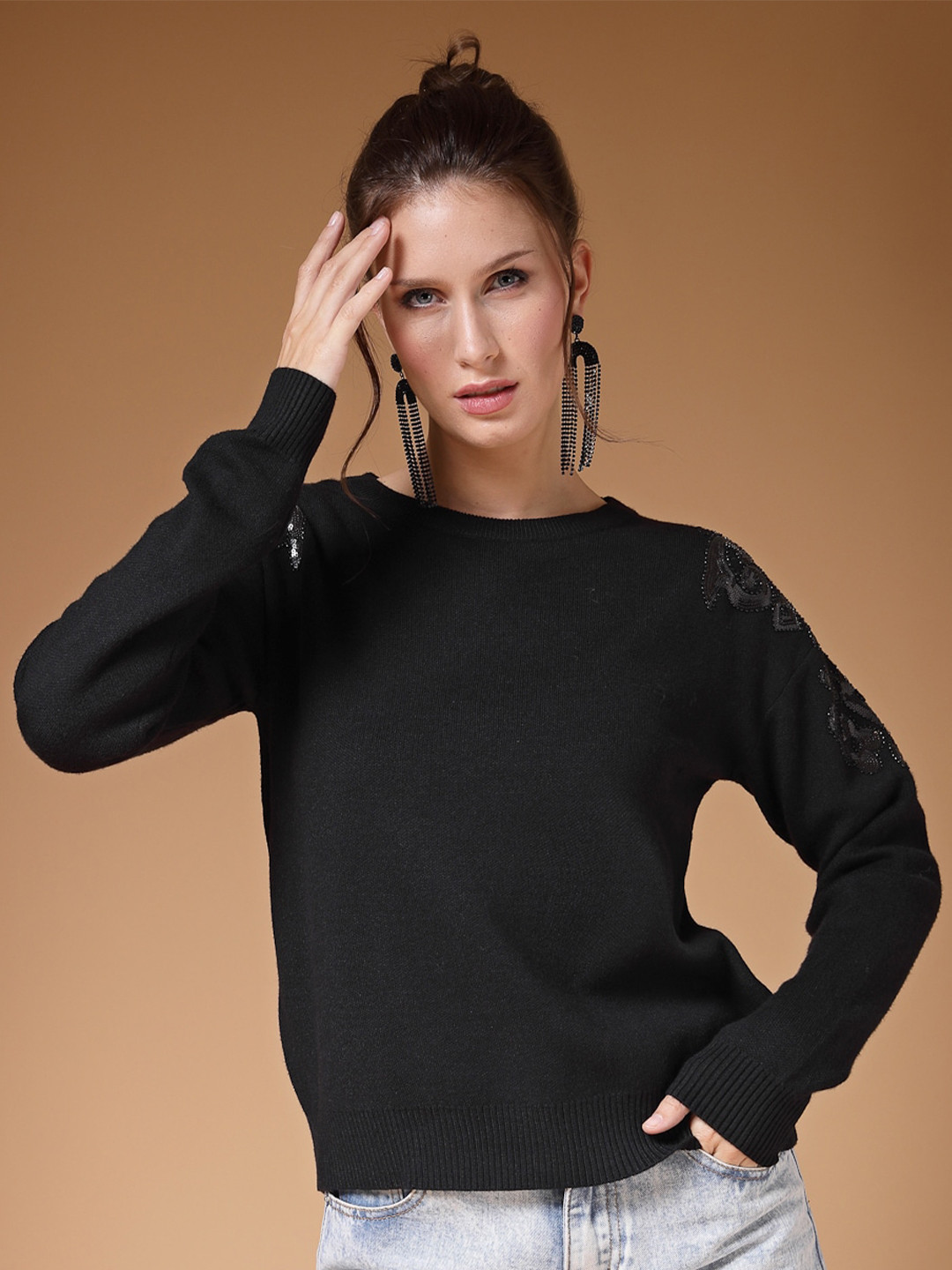 Mafadeny Embellished Round Neck Long Sleeves Pullover Sweater