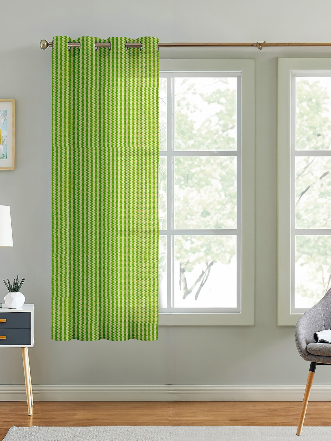 Cortina Green & White Self Design Sheer Window Curtain