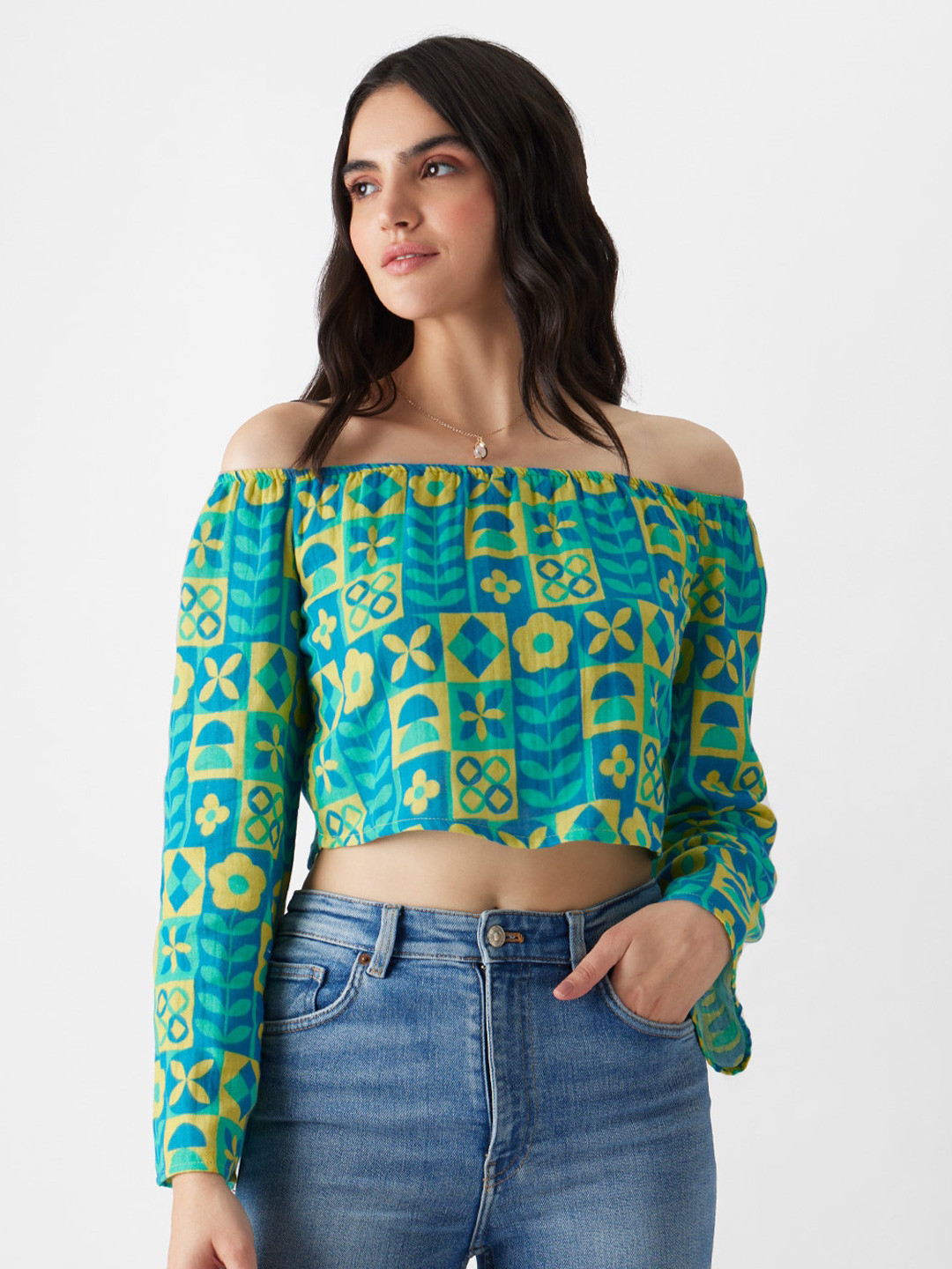 The Souled Store Blue Floral Printed Off-Shoulder Pure Cotton Bardot Crop Top