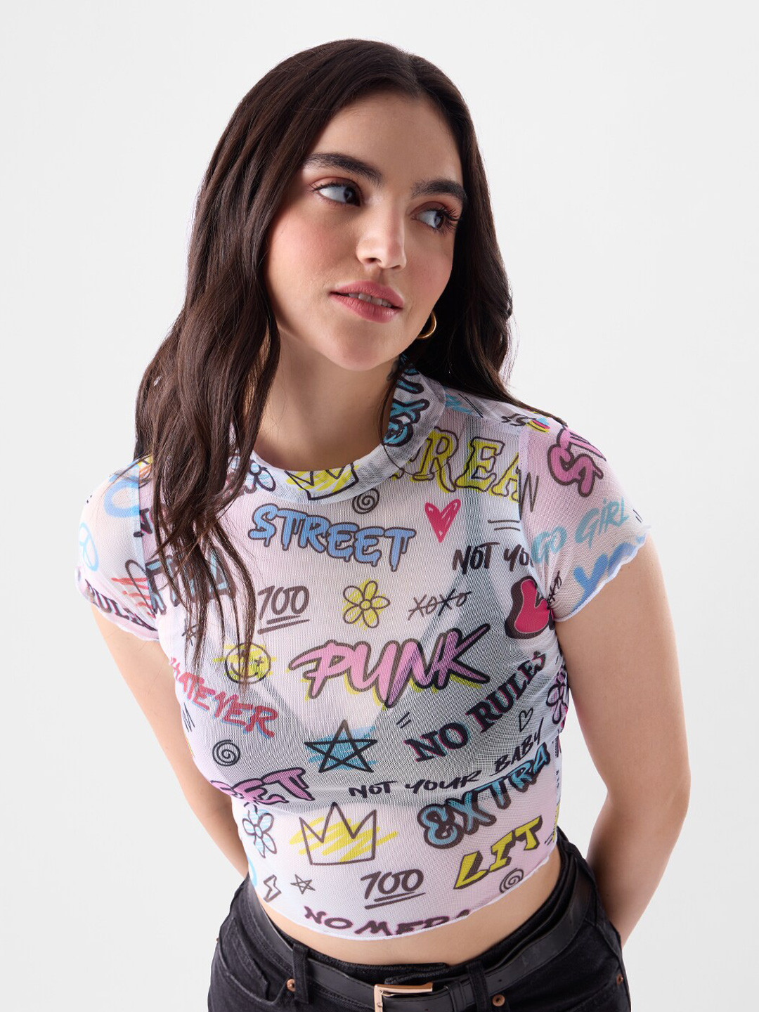 The Souled Store Conversational Printed Cotton Fitted Crop Top