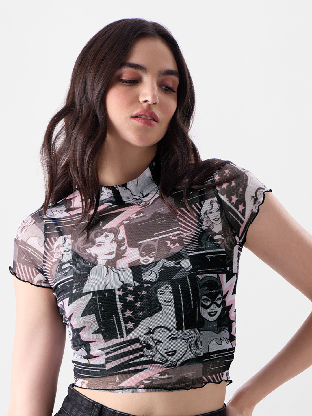 The Souled Store Black Graphic Printed High Neck Cotton Crop Top