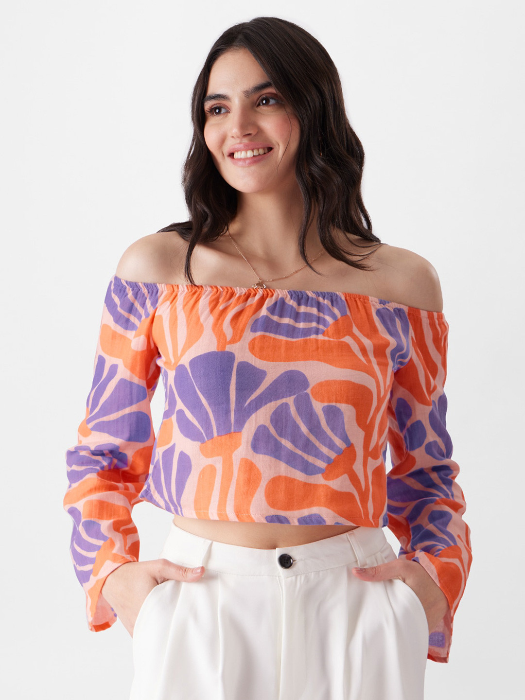The Souled Store Purple Abstract Printed Off-Shoulder Pure Cotton Bardot Crop Top