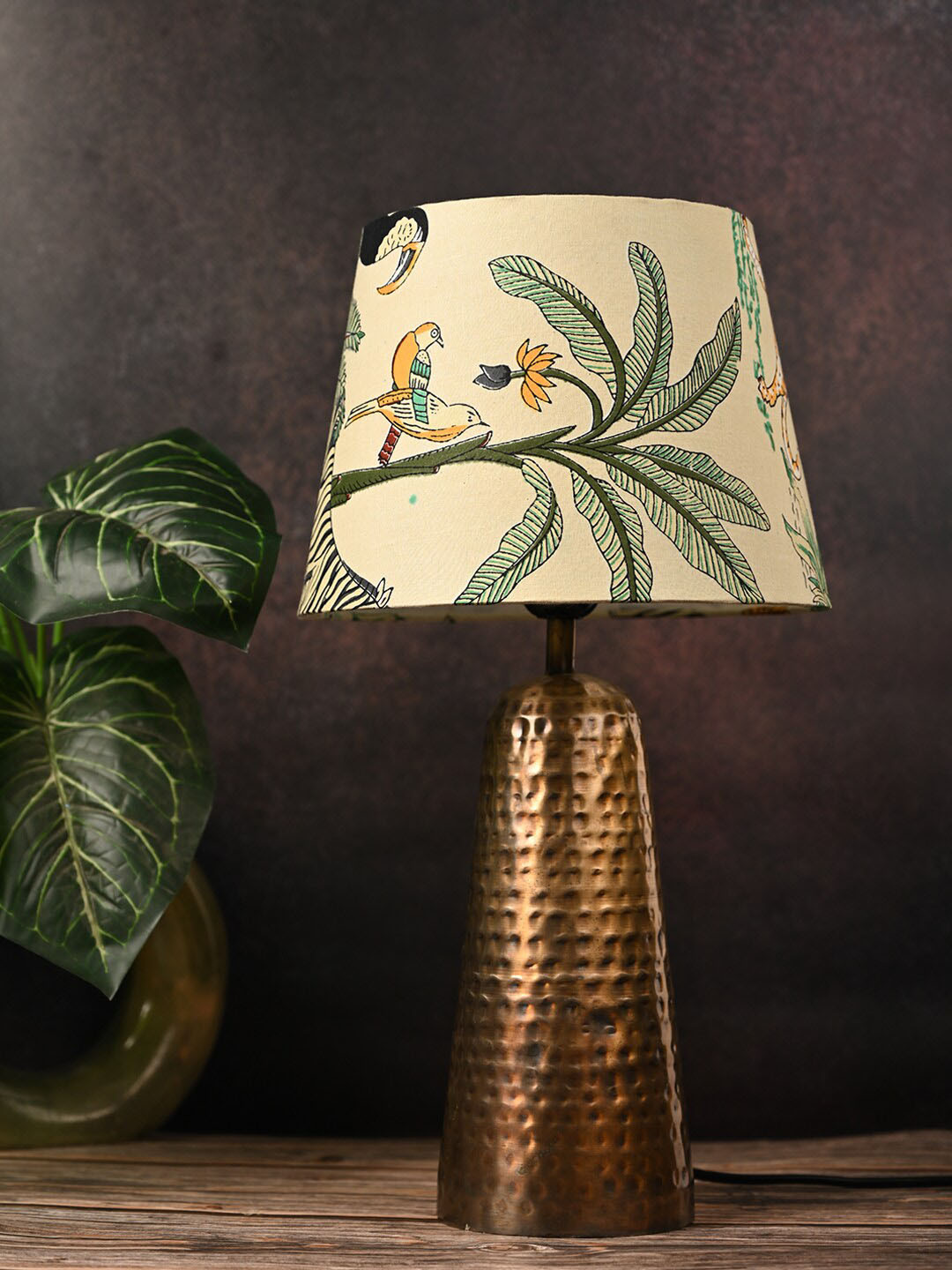 green girgit Green & Copper Floral Printed Frustum Shape Hammered Copper Base Table Lamp