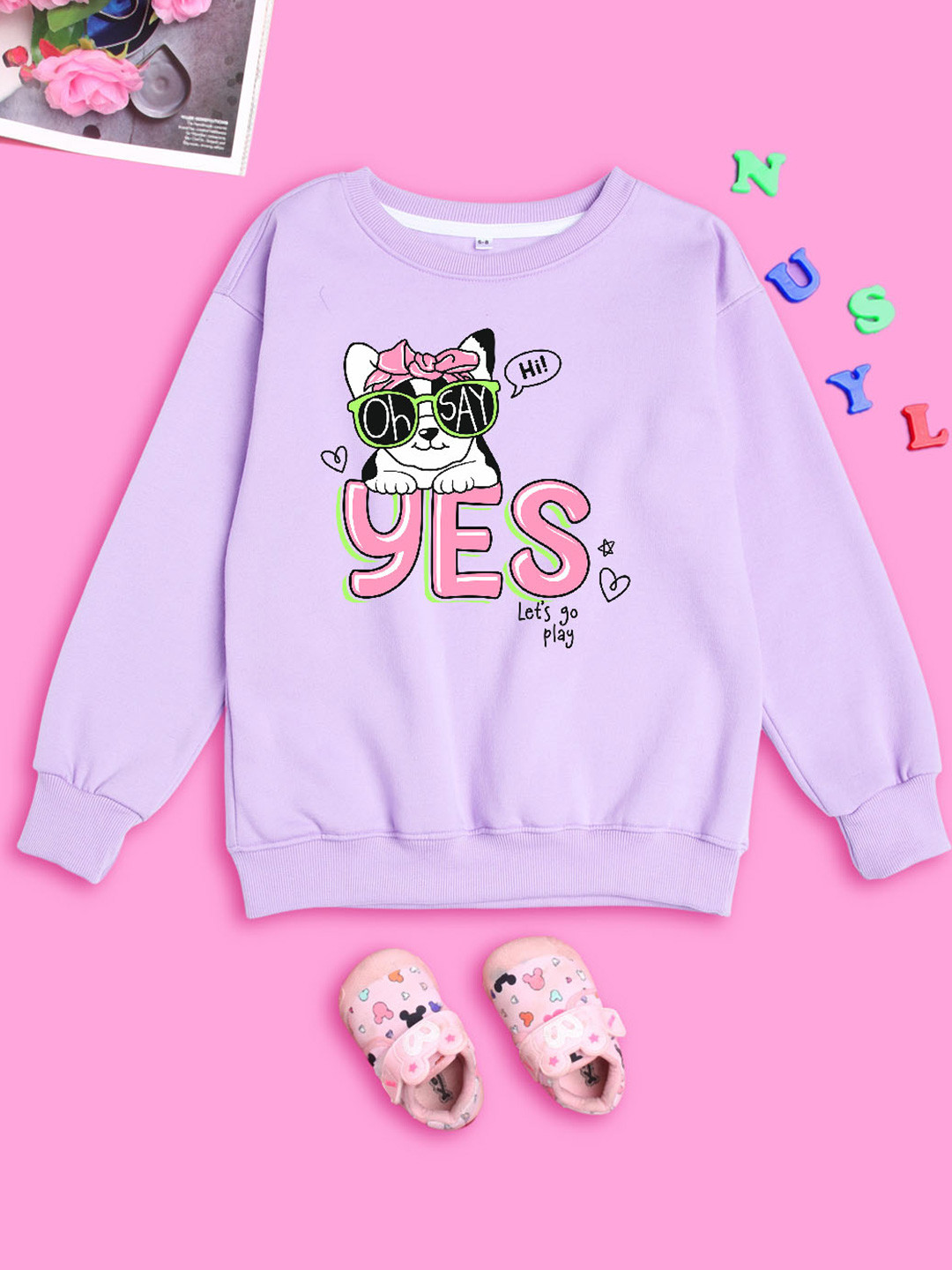 NUSYL Girls Lilac Dog Graphic Printed Oversized Sweatshirt