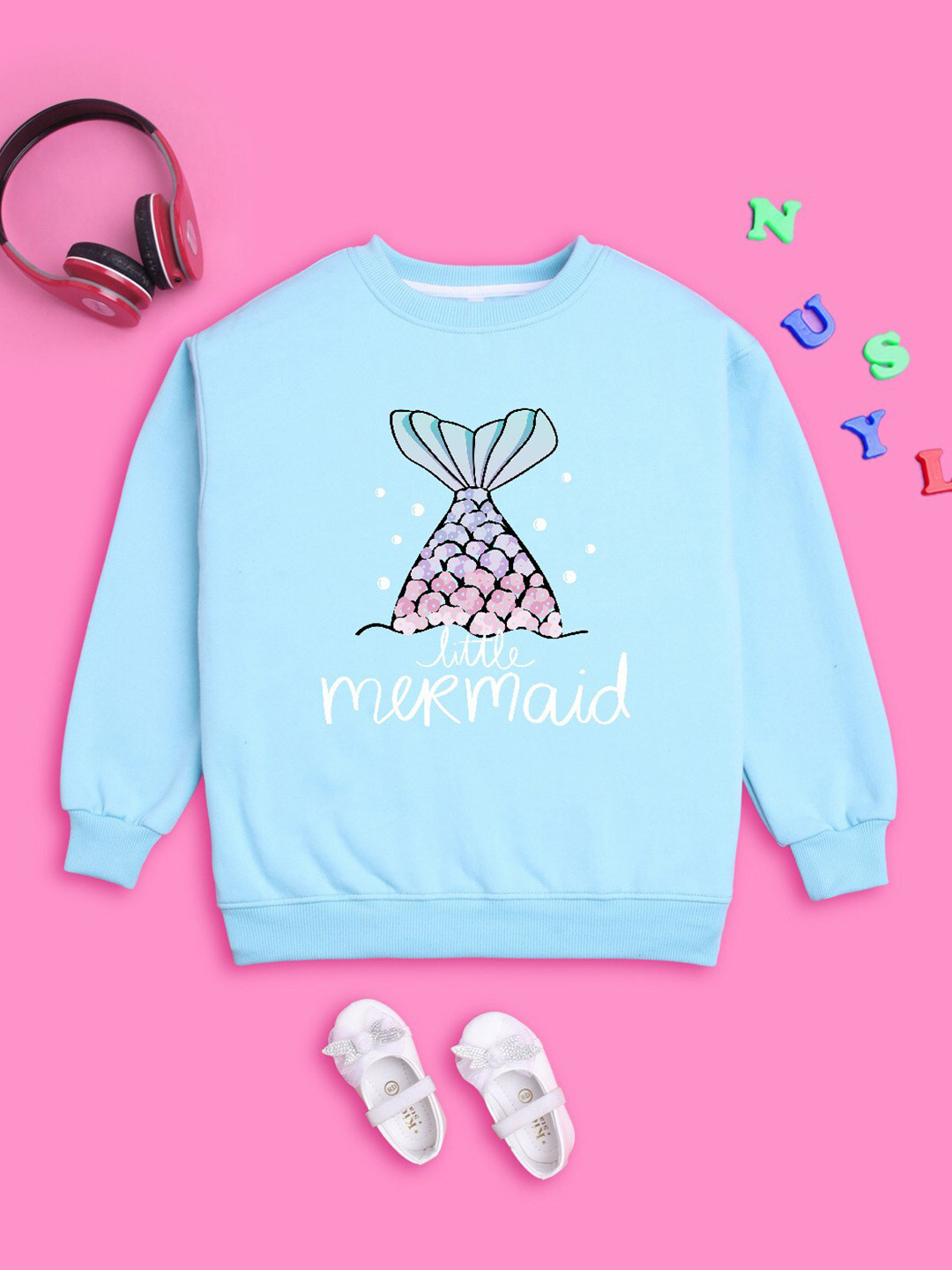 NUSYL Girls Little Mermaid Printed Round Neck Oversized Sweatshirt