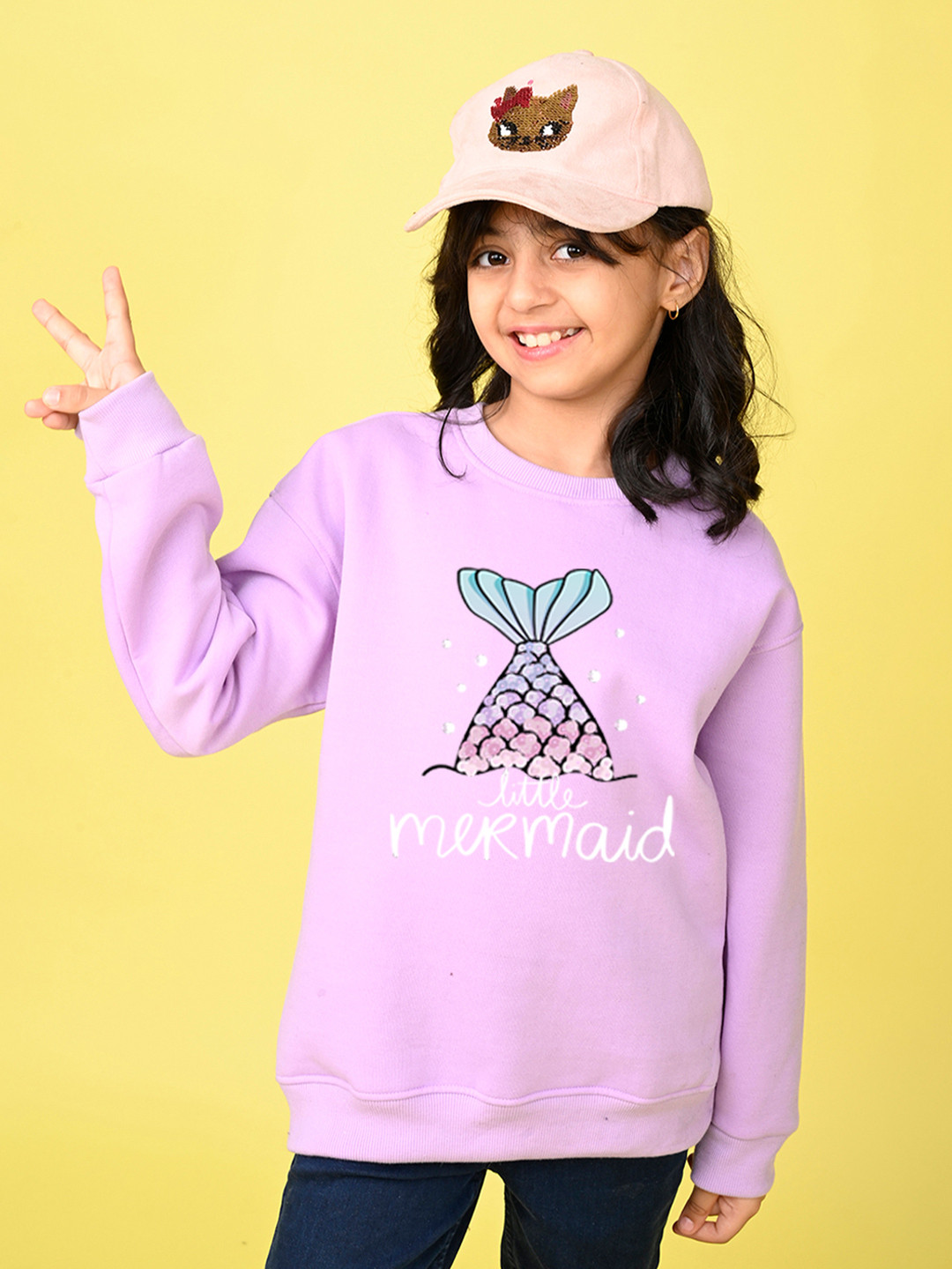 NUSYL Girls Mermaid Printed Oversized Fleece Sweatshirt