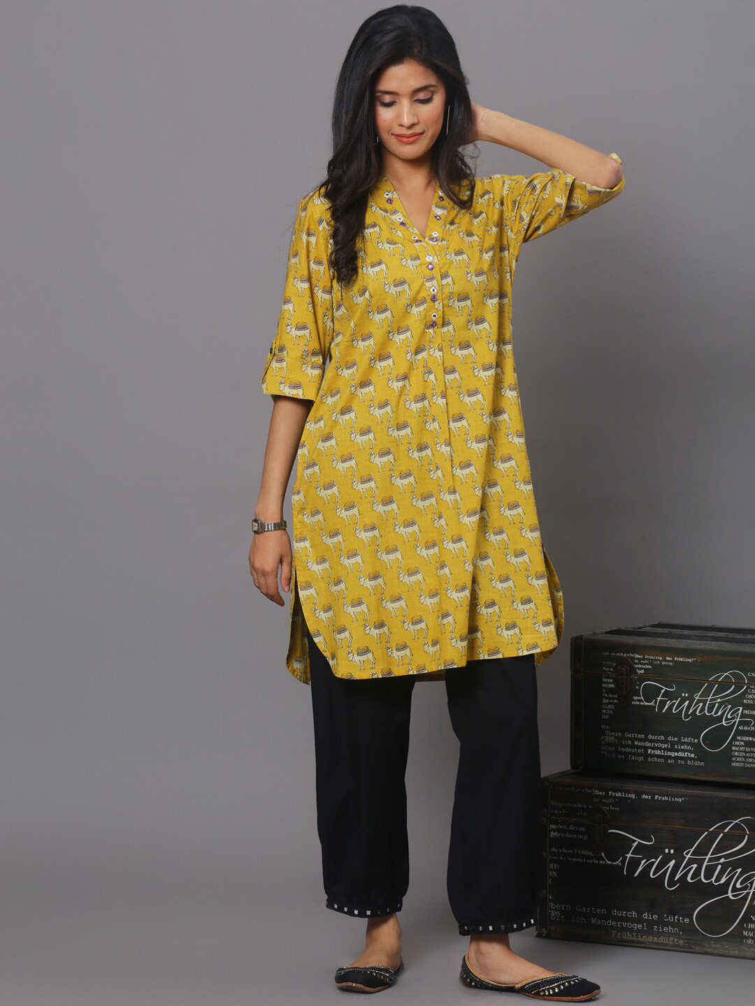 Spring Soul Quirky Printed Roll Up Sleeves Mirror Work Cotton Straight Kurta
