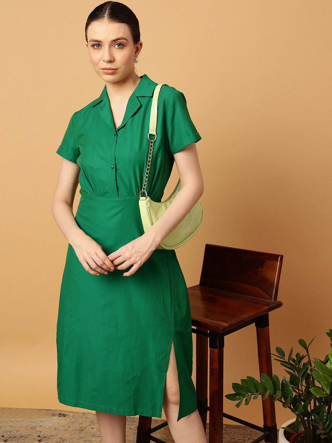 MINT STREET Cuban Collar Gathered Pure Cotton A-Line Midi Dress