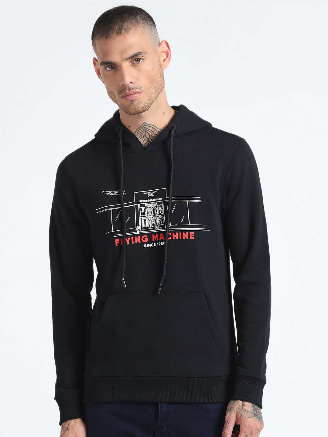 Flying Machine Graphic Printed Hooded Pullover Sweatshirt