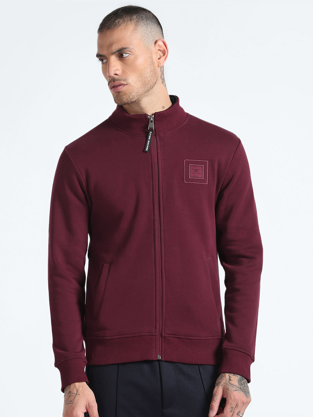 Flying Machine Mock Collar Front Open Sweatshirt