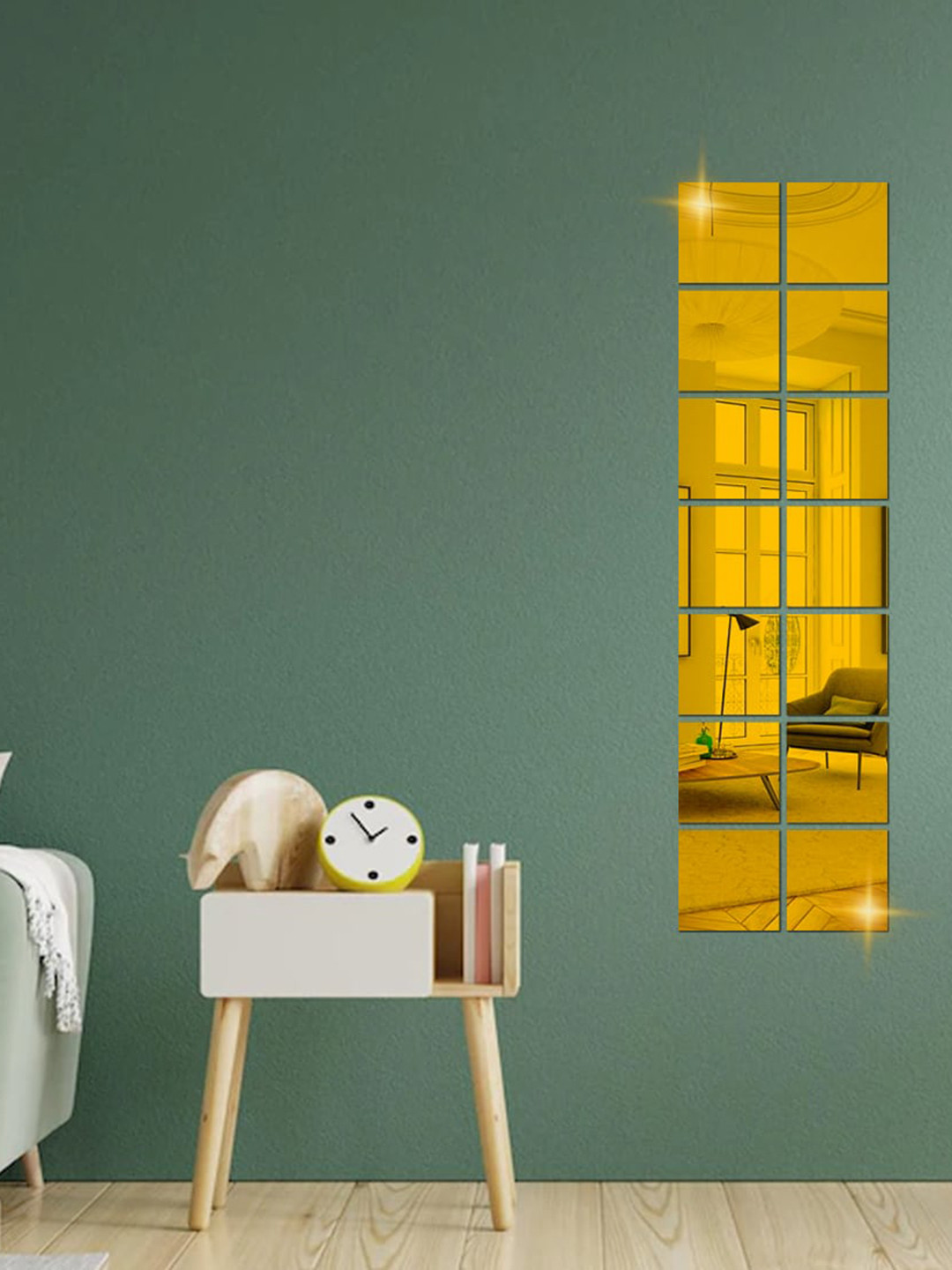 WallDaddy 14 Pcs Golden Self-Adhesive Square Mirror Wall Stickers