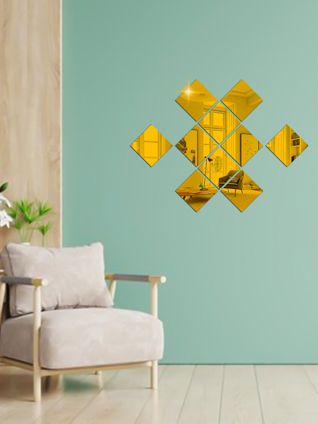 WallDaddy Yellow 10-Pieces Self-Adhesive Square Mirror Wall Stickers